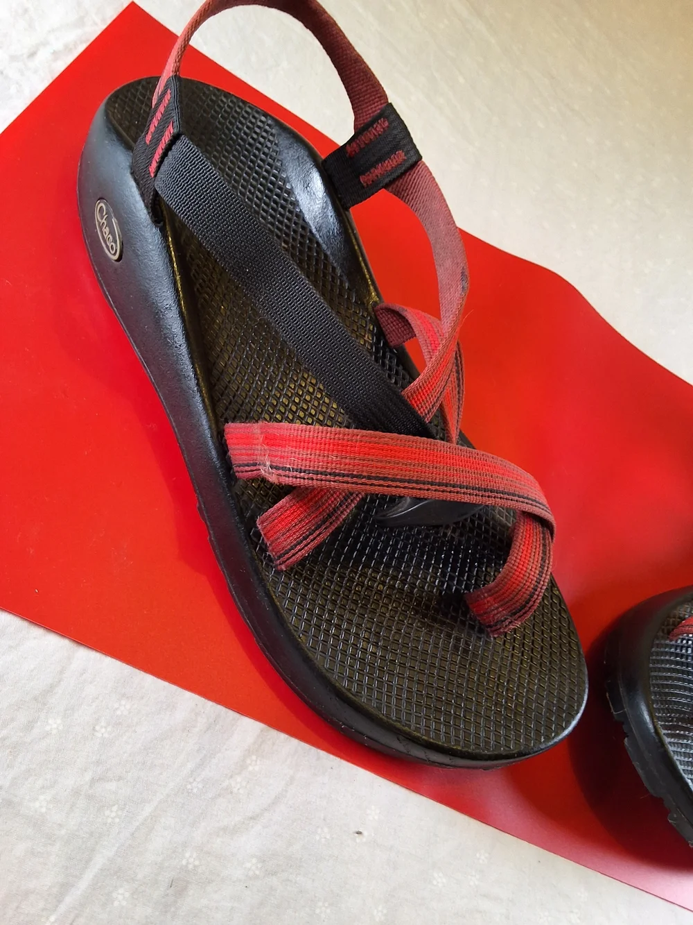 Chaco Men's Black Footbed Sandals with Red Straps
